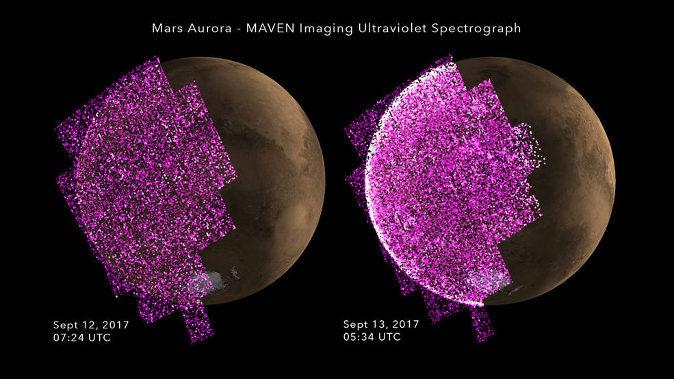 Two side by side images of Mars with pink blocks indicating ultraviolet radiation. The first, from Sept. 12, has less pink. The second, from Sept. 13, has much more. 