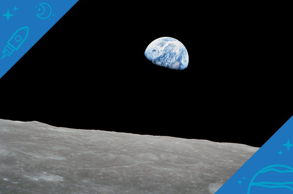 A color photograph of Earth rising over the horizon of the Moon, as seen from the Apollo 8 spacecraft. The Moon's horizon is a dull gray, covering the bottom quarter of the image. Earth, with its blue water and white swirling clouds, is almost at the center of the image. The bottom third of Earth is not visible.