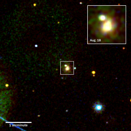 Swift’s Ultraviolet/Optical Telescope imaged the kilonova produced by merging neutron stars in the galaxy NGC 4993 (box) on Aug.