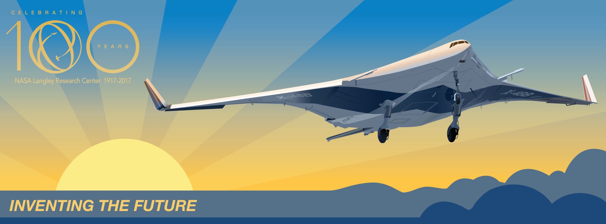 This is a vector graphic of a plane soaring over a horizon. There is text in the image that reads "Inventing The Future" and "A Storied Legacy, A Soaring Future."