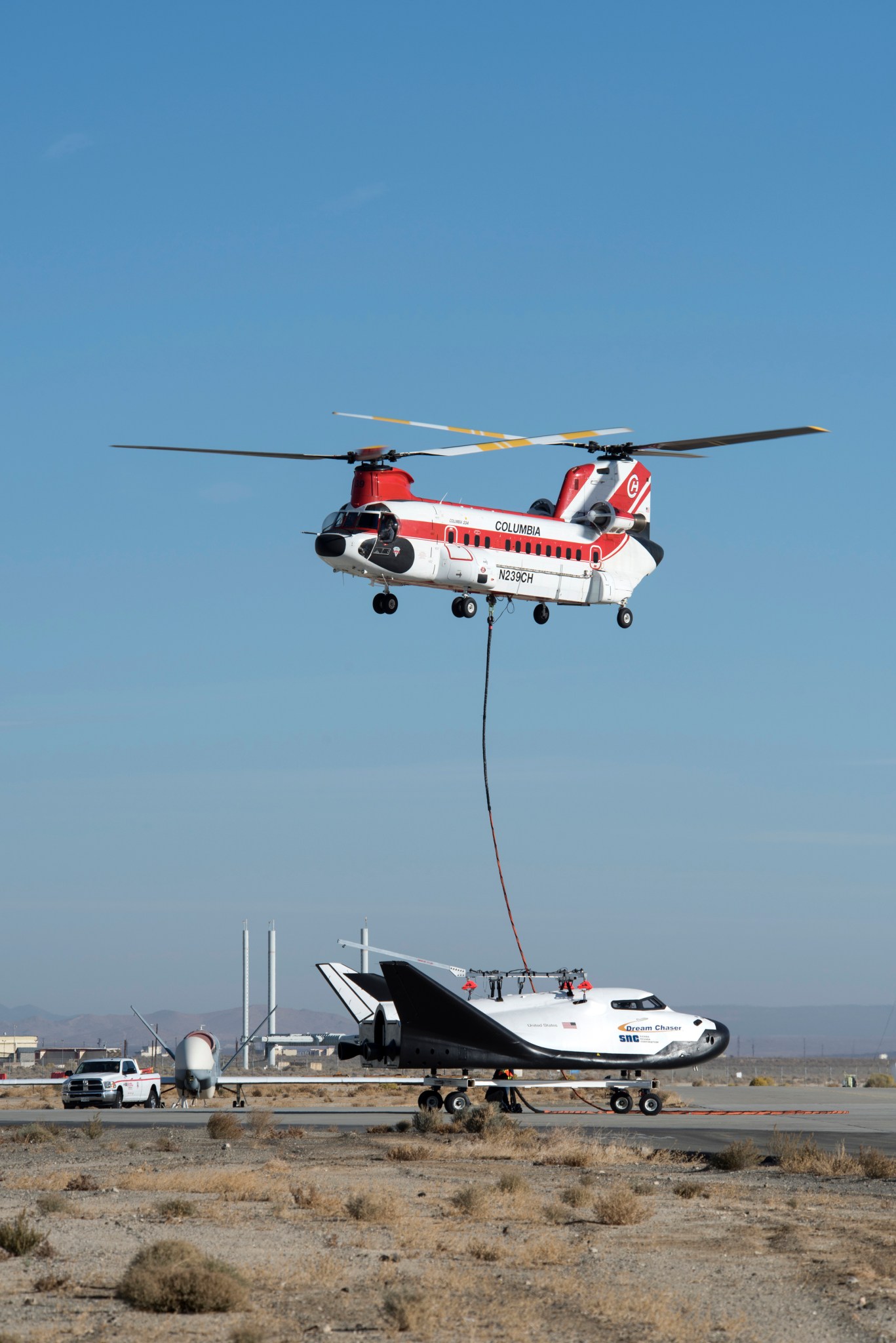 Sierra Nevada Corp?s Dream Chaser was lifted by helicopter from the ramp at NASA?s Armstrong Flight Research Center.