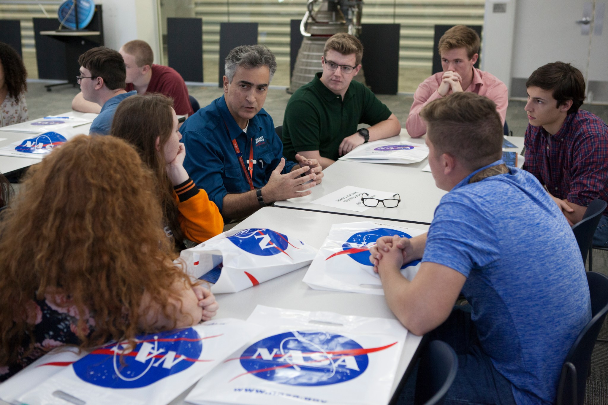 Jose Nunez, chief of the Flight Technologies Branch at Kennedy Space Center, talks with students during a rountable discussion.