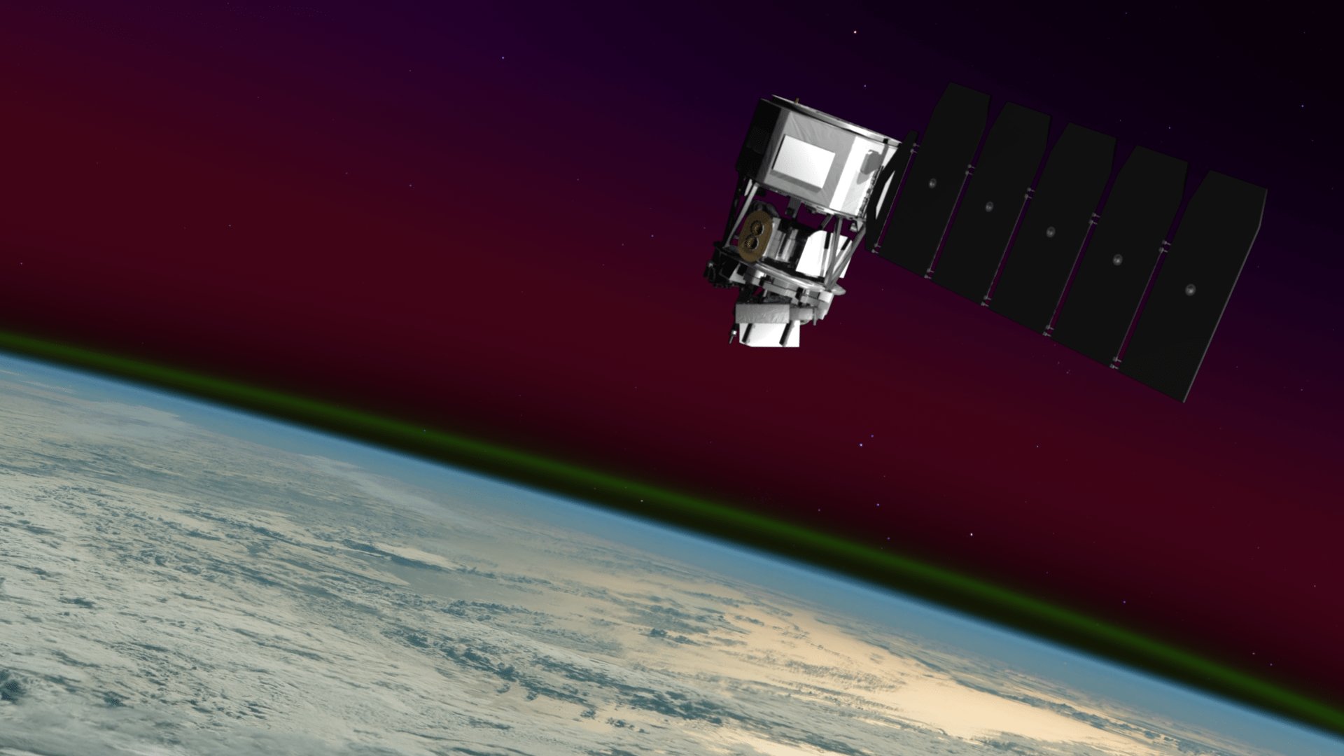 An illustration shows a spacecraft with one large solar array hovering over Earth. Behind the spacecraft, a reddish glow appears in space around Earth. A thin, green line appears closer to the edge of Earth.