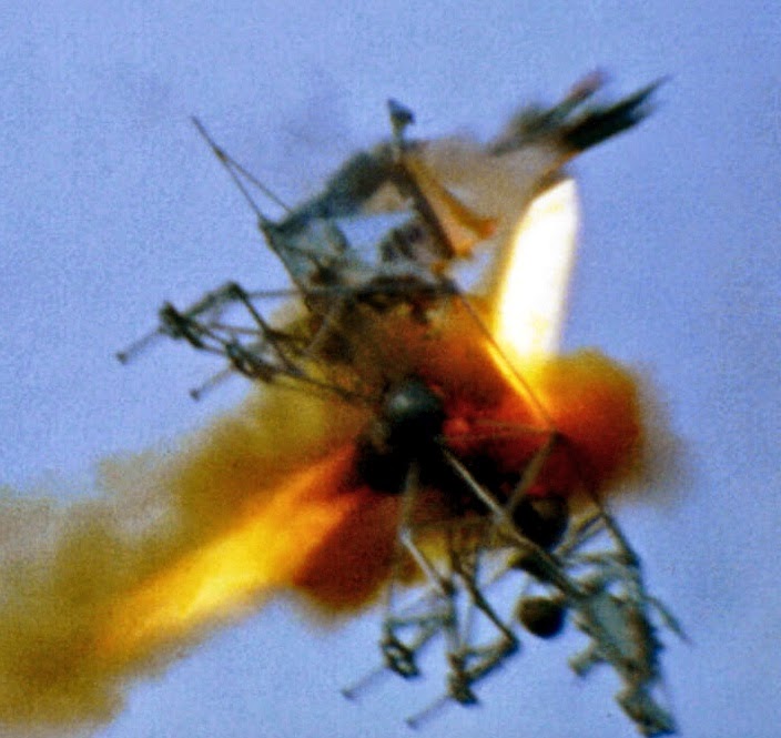 Neil Armstrong ejecting from the Lunar Landing Research Vehicle-1 on May 6, 1968.