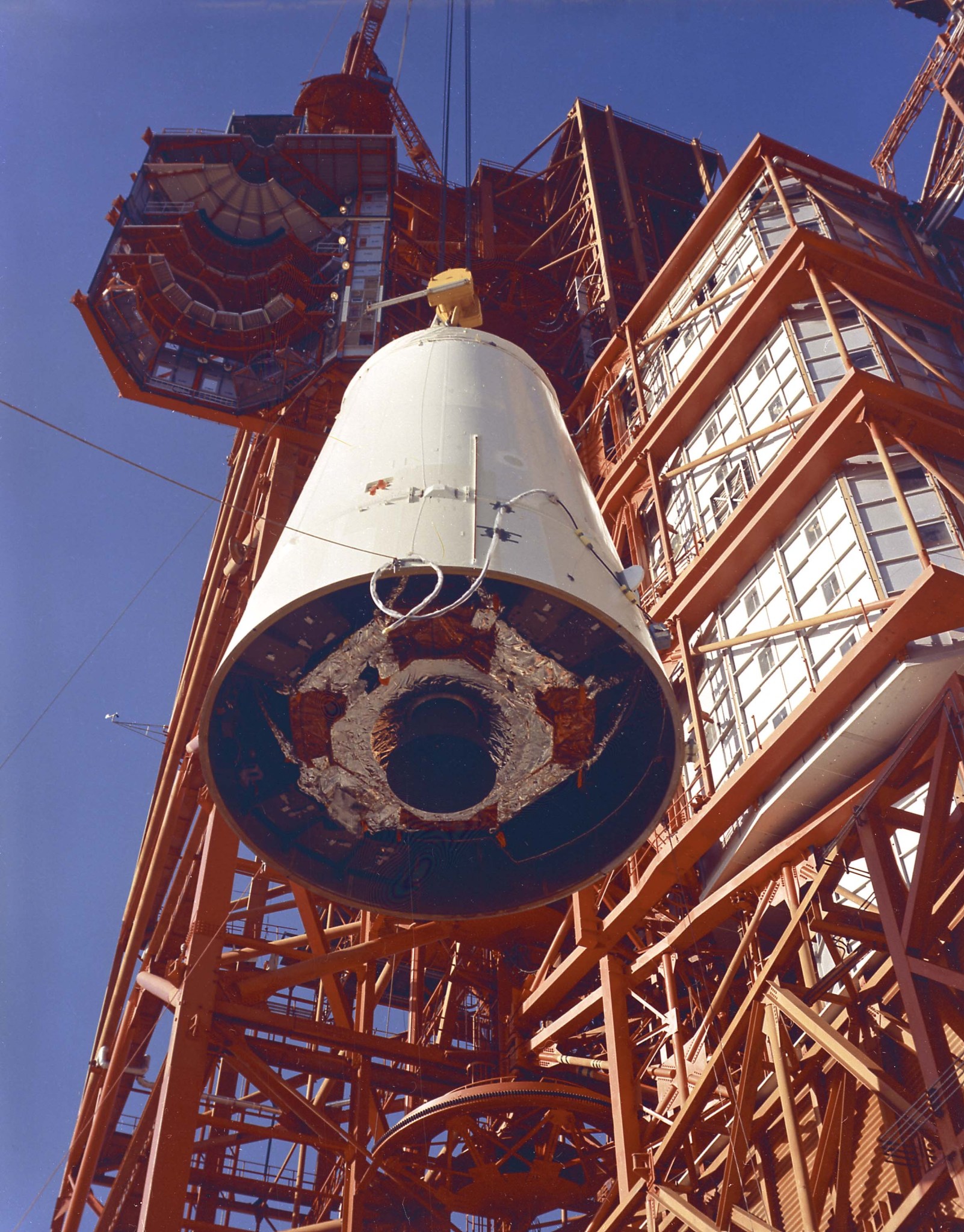 Apollo 5’s Lunar Module-1 being hoisted atop its Saturn 1B launch vehicle at Pad 37B.