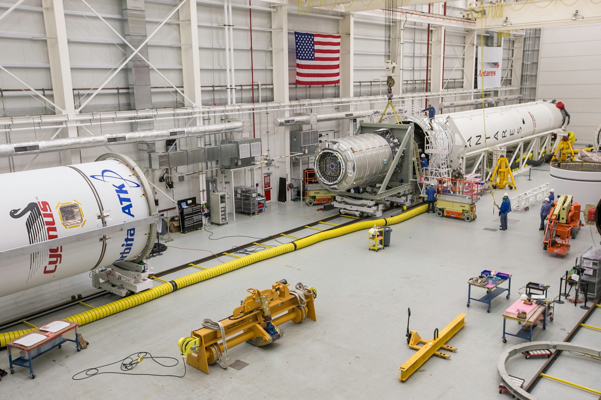 Orbital ATK’s Antares rocket for the CRS-8 mission is being integrated in the Horizontal Integration Facility at NASA’s Wallops 