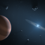 Artist concept of an exoplanet and debris disk orbiting a polluted white dwarf