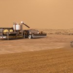 Concept image showing ISRU system concept for autonomous robotic excavation and processing of Mars soil to extract water for use