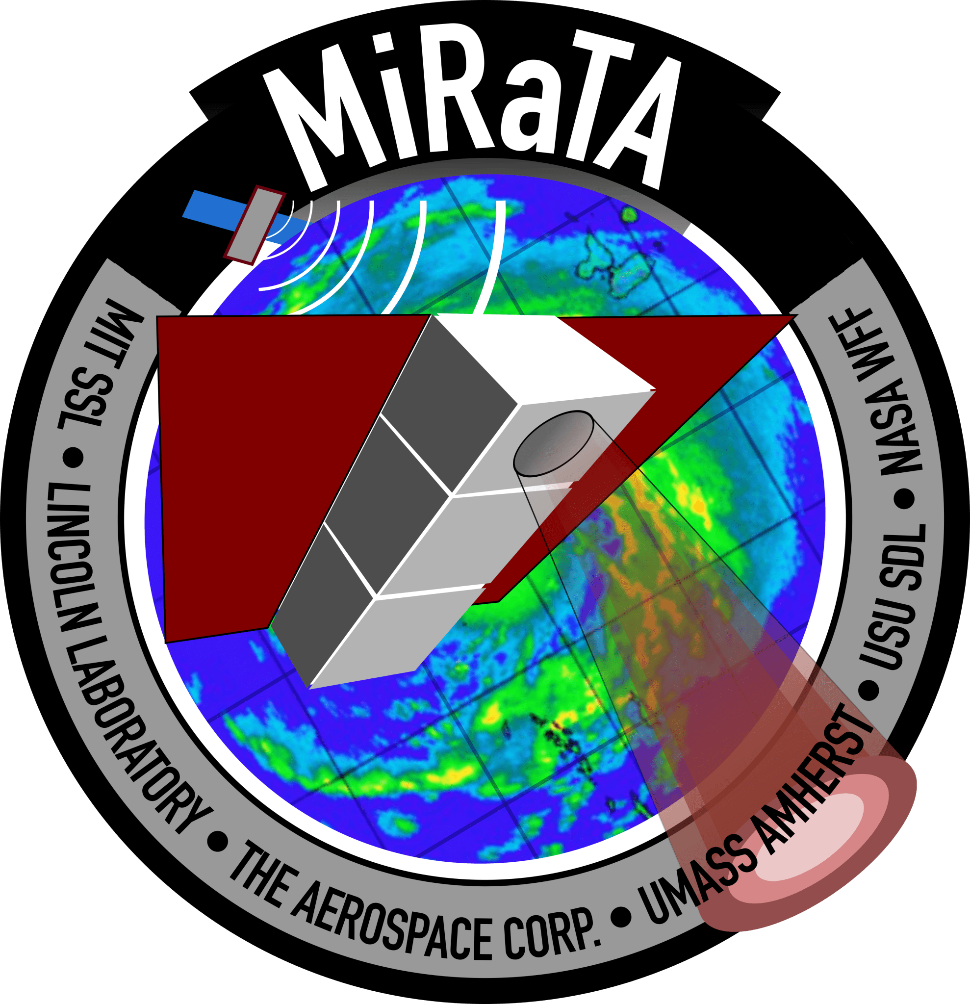 The MiRaTA logo, which has a stylized image of the small satellite in the center, superimposed over a stylized weather forecast. Around the edge, text reads MiRaTA, MIT SSL, Lincoln Laboratory, The Aerospace Corp, UMASS Amherst, USU SDL, NASA WFF."