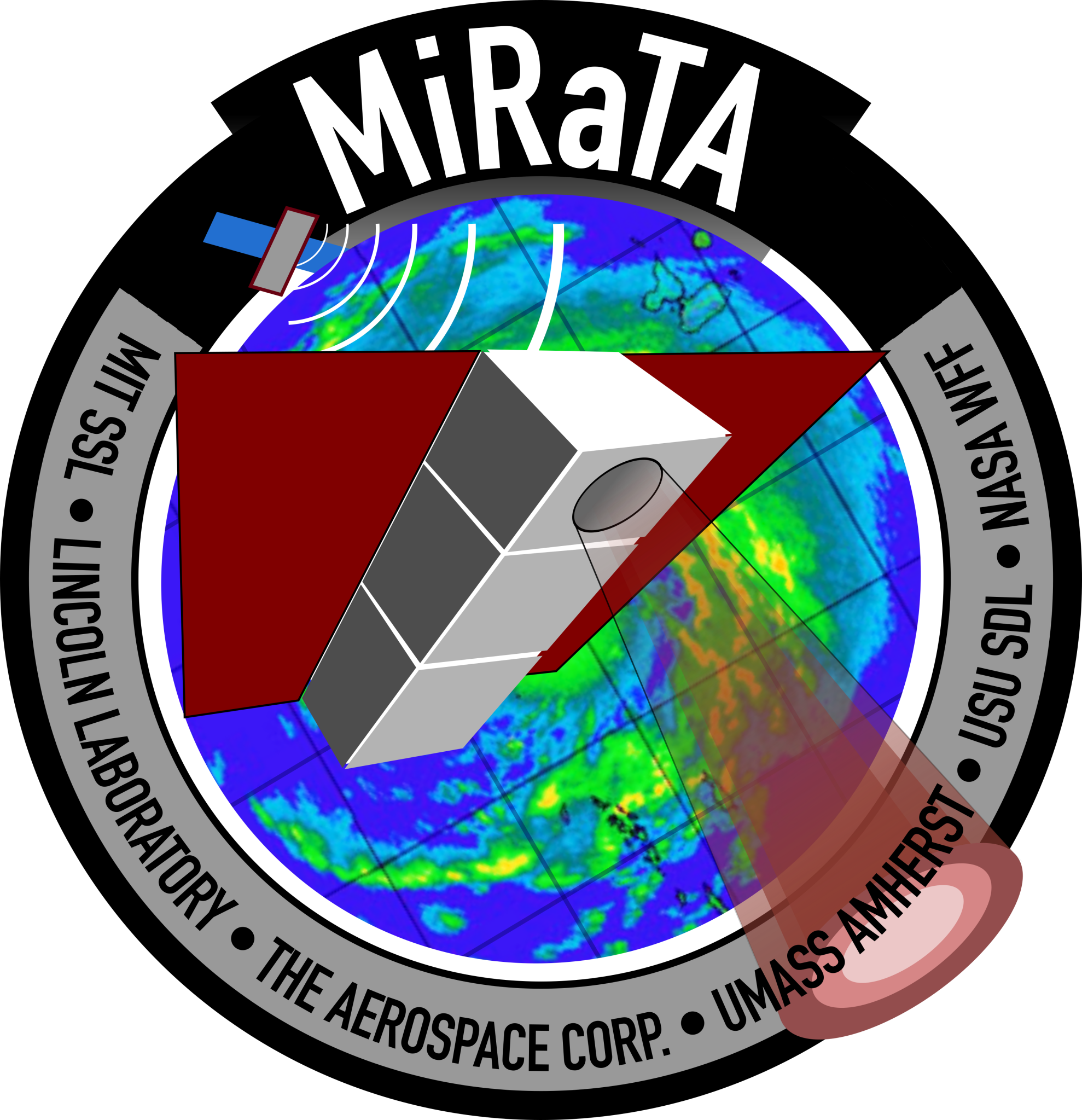 The MiRaTA logo, which has a stylized image of the small satellite in the center, superimposed over a stylized weather forecast. Around the edge, text reads MiRaTA, MIT SSL, Lincoln Laboratory, The Aerospace Corp, UMASS Amherst, USU SDL, NASA WFF."