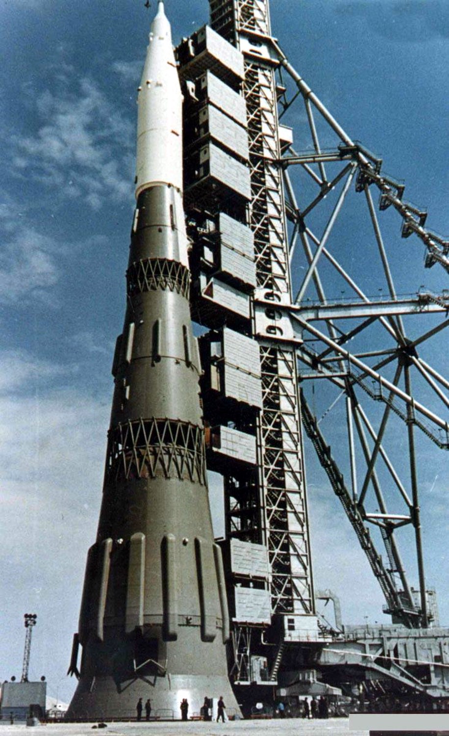N1 1M1 mockup on the launch pad at the Baikonur Cosmodrome in late 1967.
