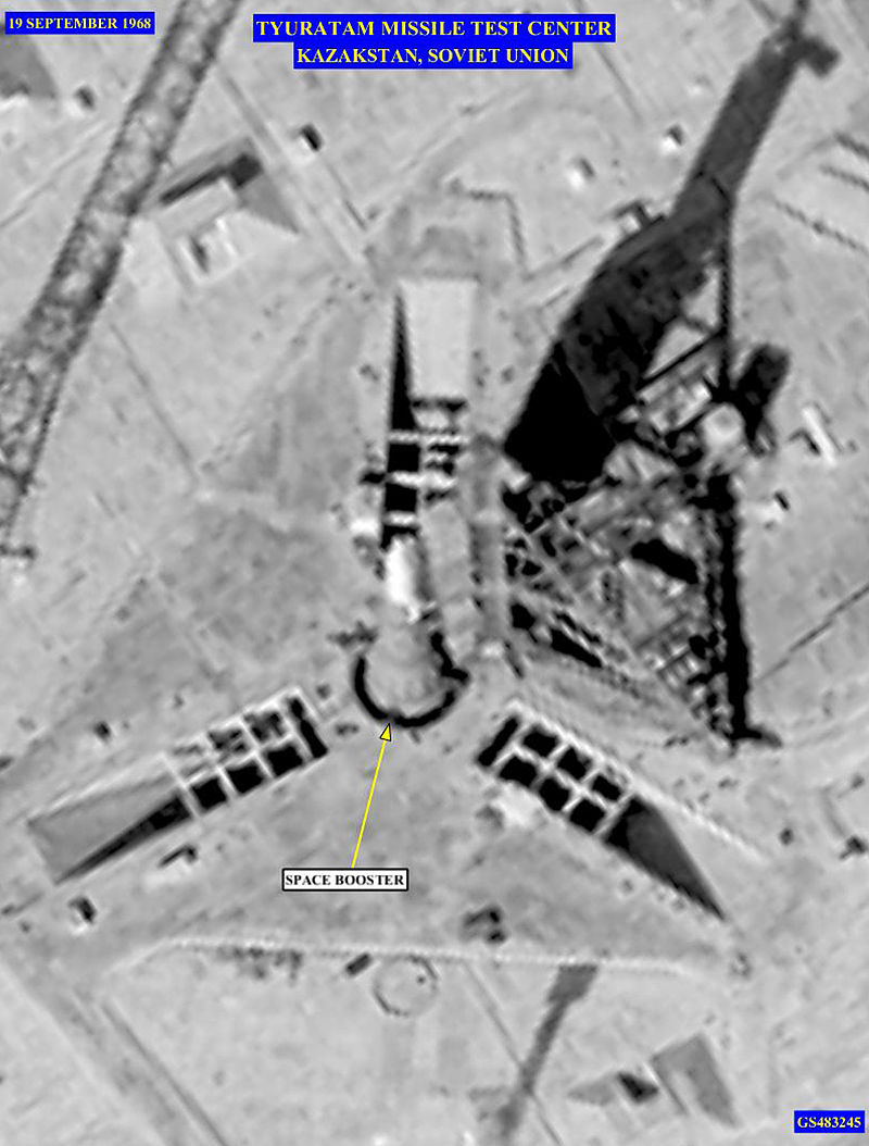 Declassified US reconnaissance satellite image of the same rocket during a later rollout in September 1968.