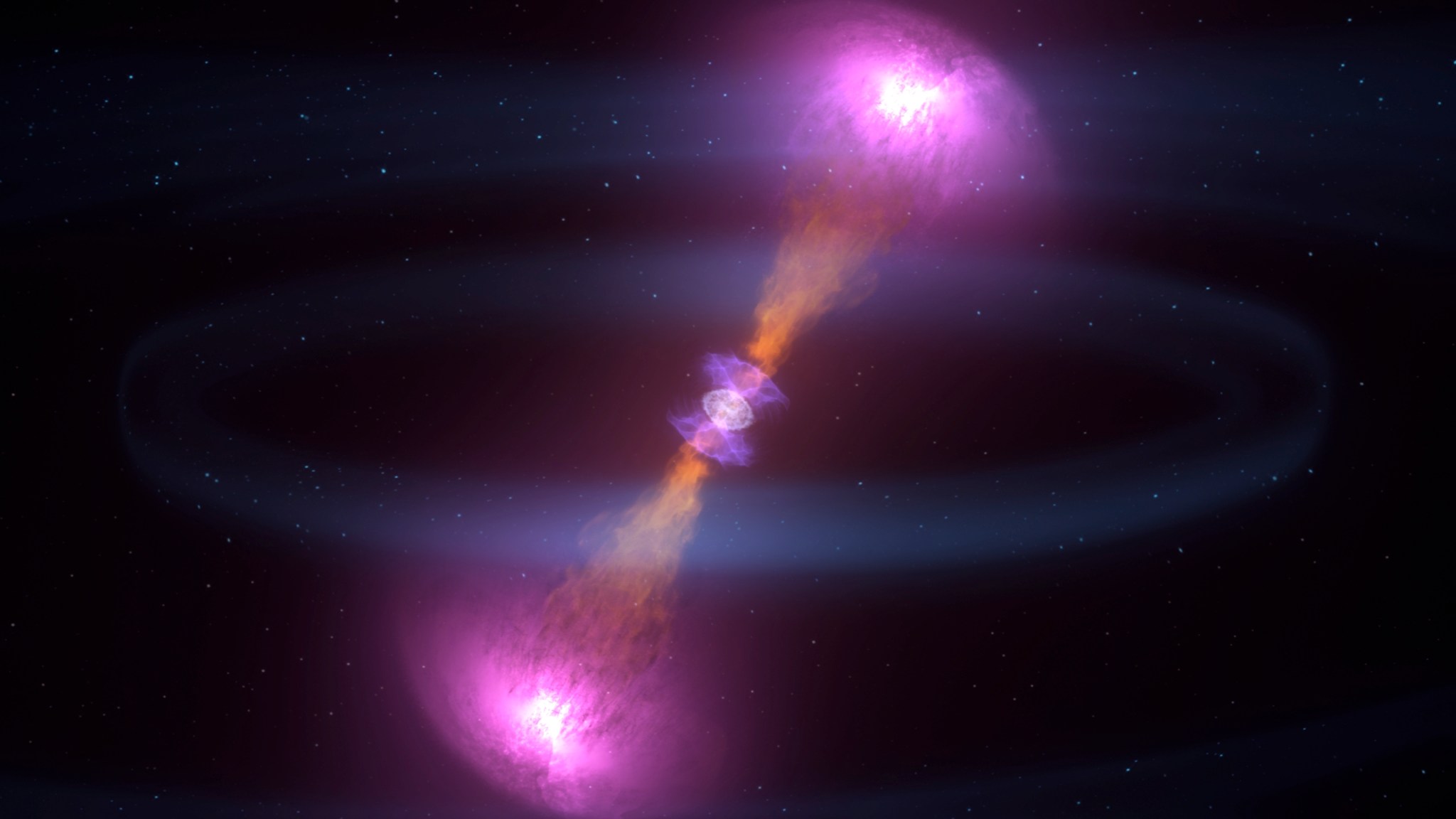 Artist's illustration of gravitational waves caused by colliding neutron stars.