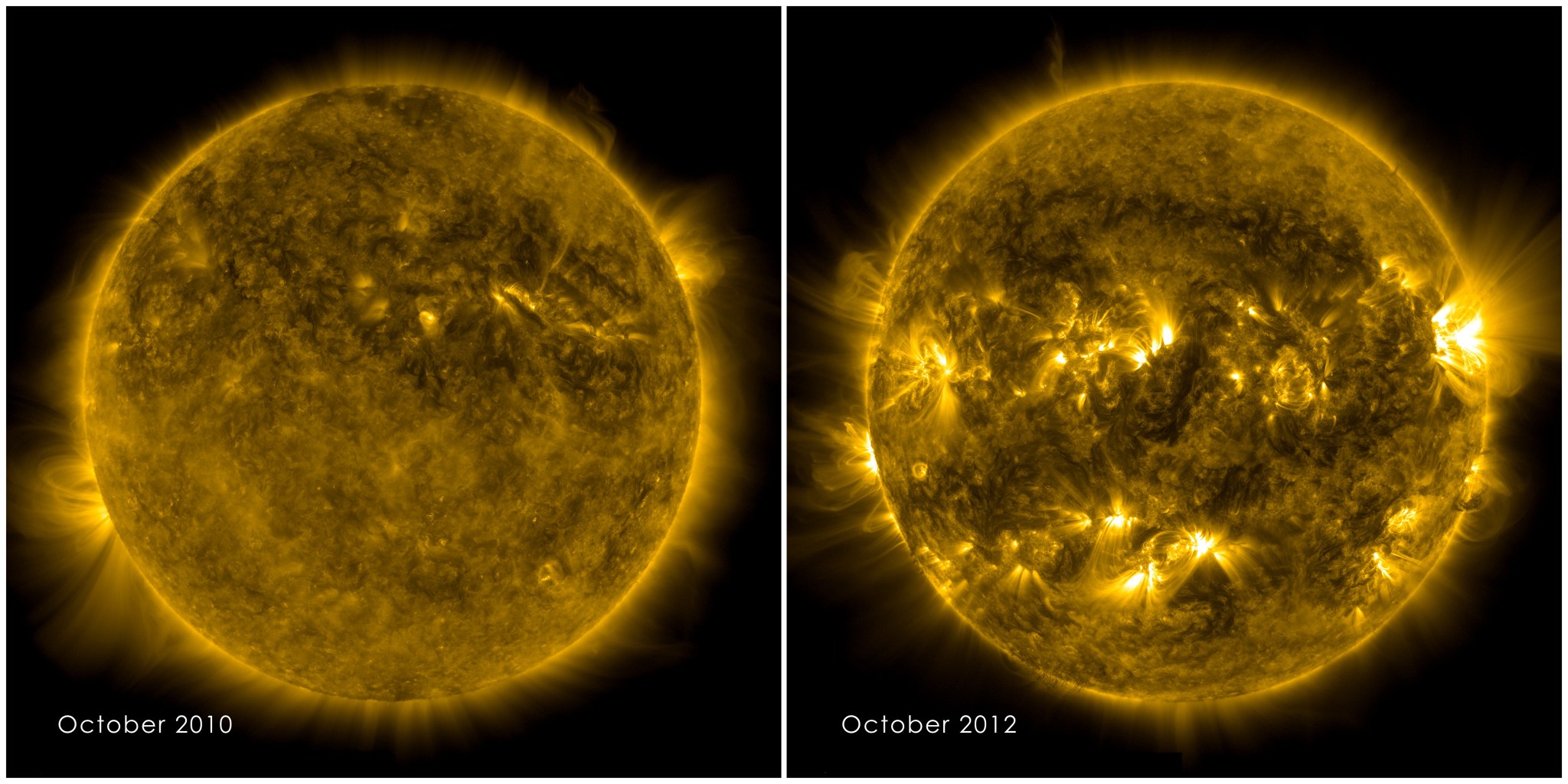 two images, from 2010 and 2012 of the sun, as seen by SDO