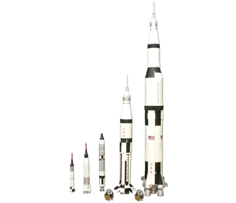 Relative size of the Saturn 5 rocket compared to other US human space flight rockets.
