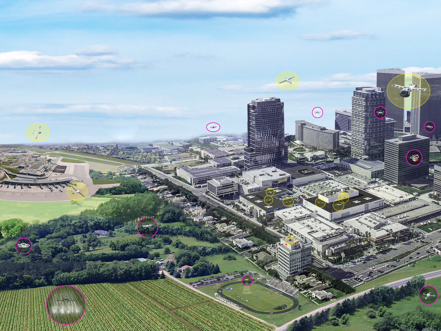 Artist concept of urban air mobility, showing 11 vehicles with passengers and 10 vehicles without passengers.