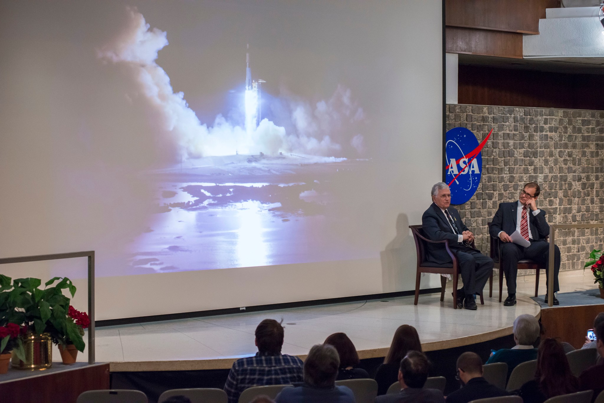 Apollo 17 lunar module pilot Harrison Schmitt, left, shared his experiences as an astronaut and lunar geologist during a visit.