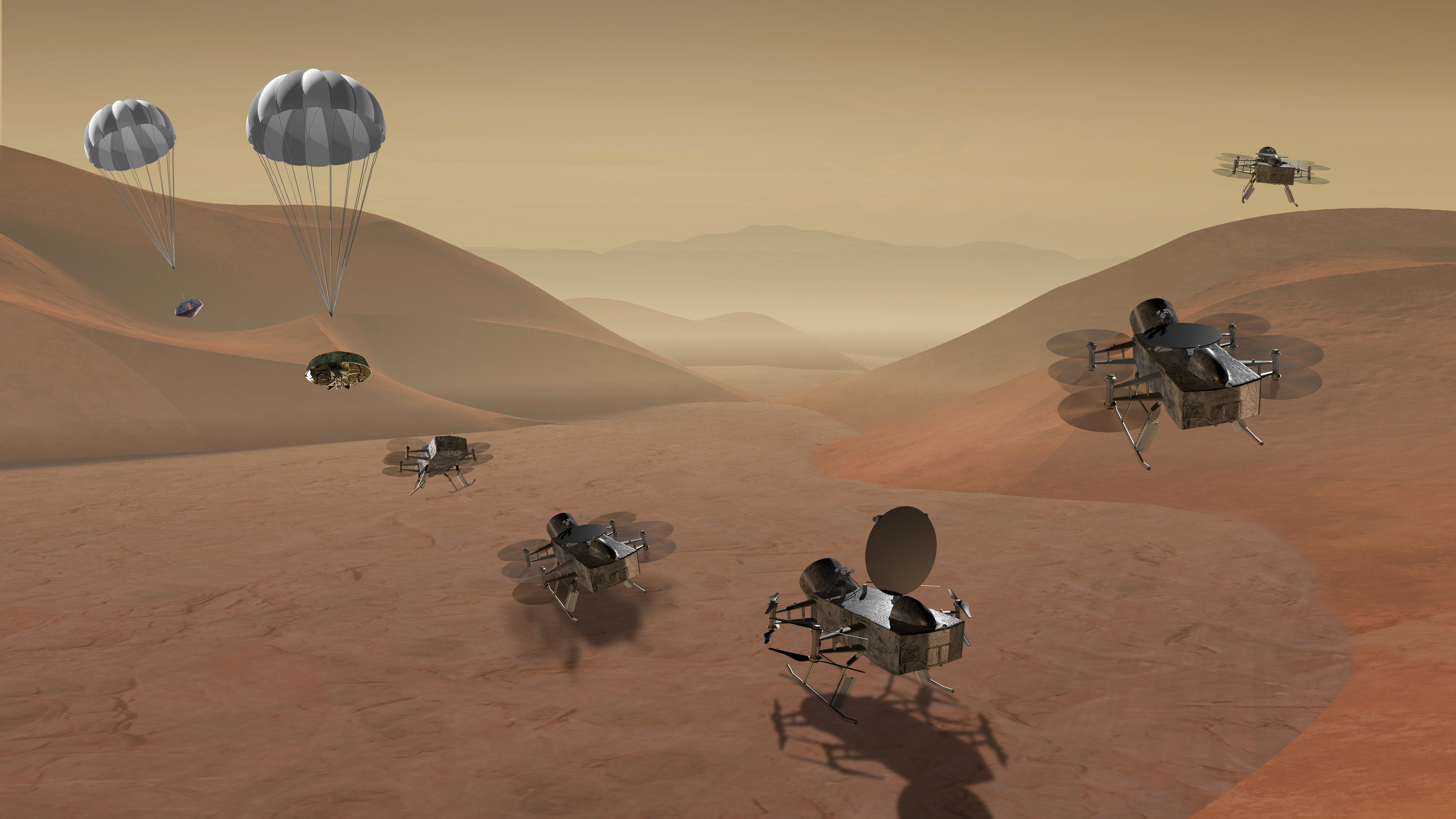 Artist concept of Dragonfly mission on Titan surface