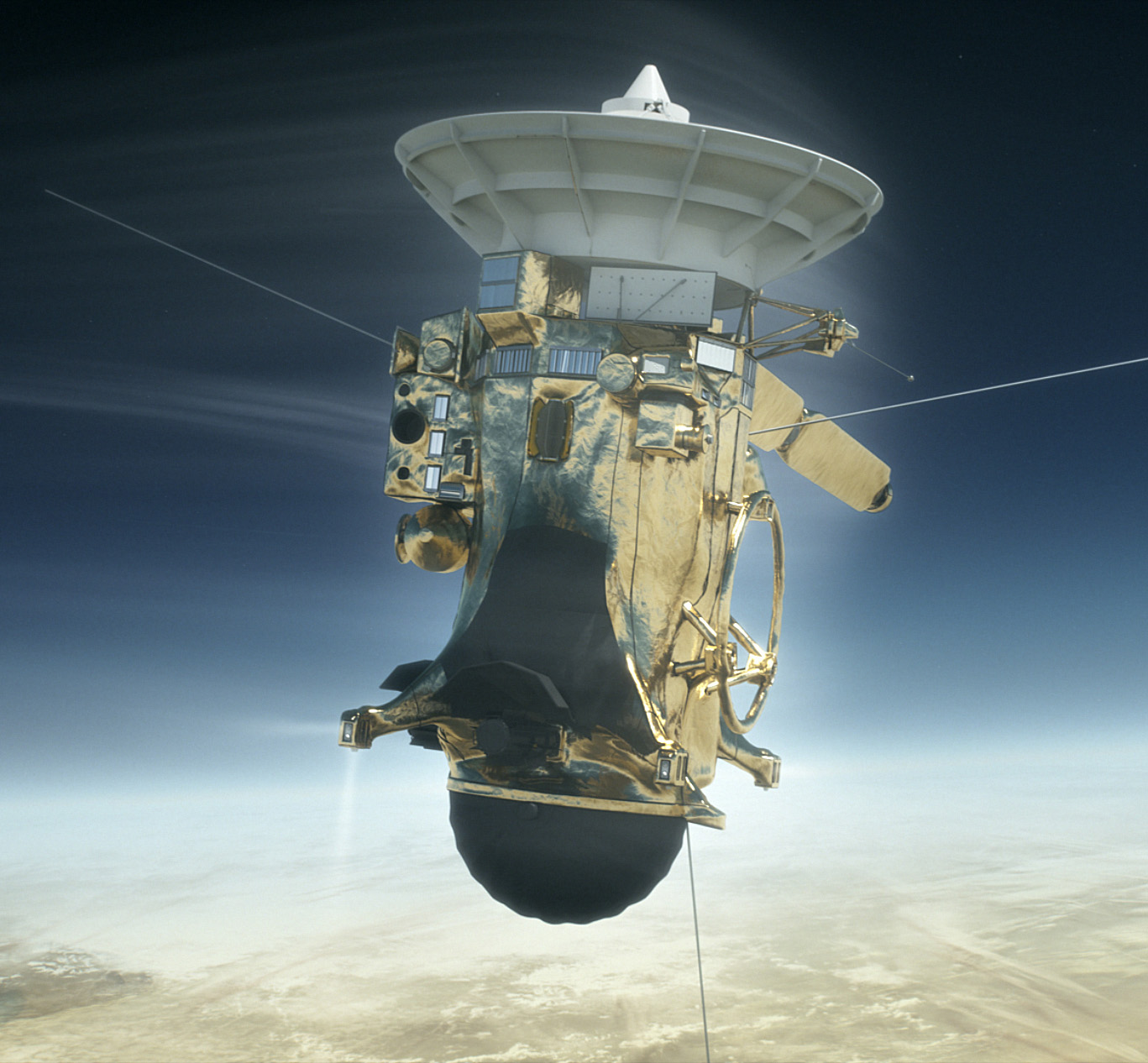 NASA's Cassini spacecraft is shown in an artist's depiction of its Sept. 15, 2017, plunge into Saturn's atmosphere .