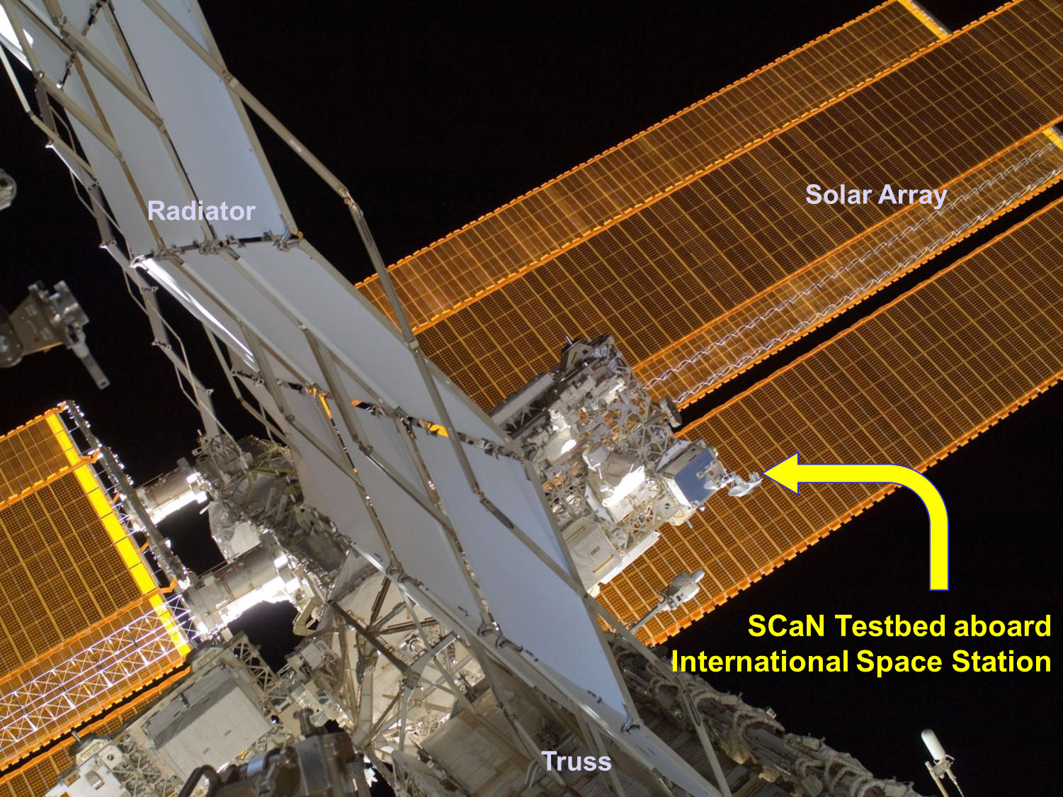 The SCaN Testbed payload aboard the space station. In April 2013, it began conducting experiments after completing its checkout and commissioning operations.