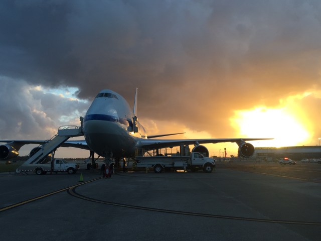 The Stratospheric Observatory for Infrared Astronomy, SOFIA, sits on the ramp at Daytona Beach International Airport.