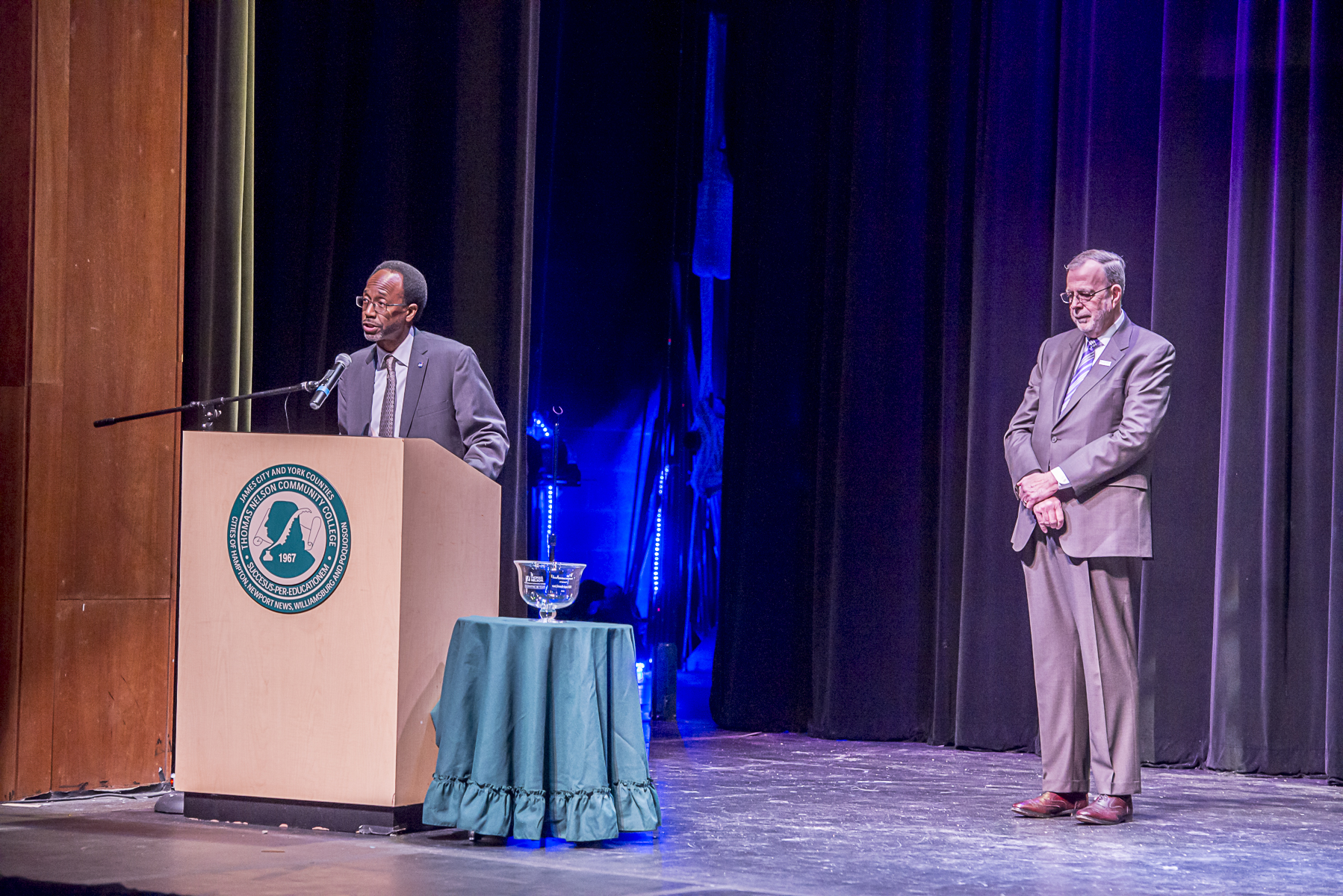 NASA Langley Deputy Director Clayton Turner addresses the audience during the award ceremony at Thomas Nelson Community College 