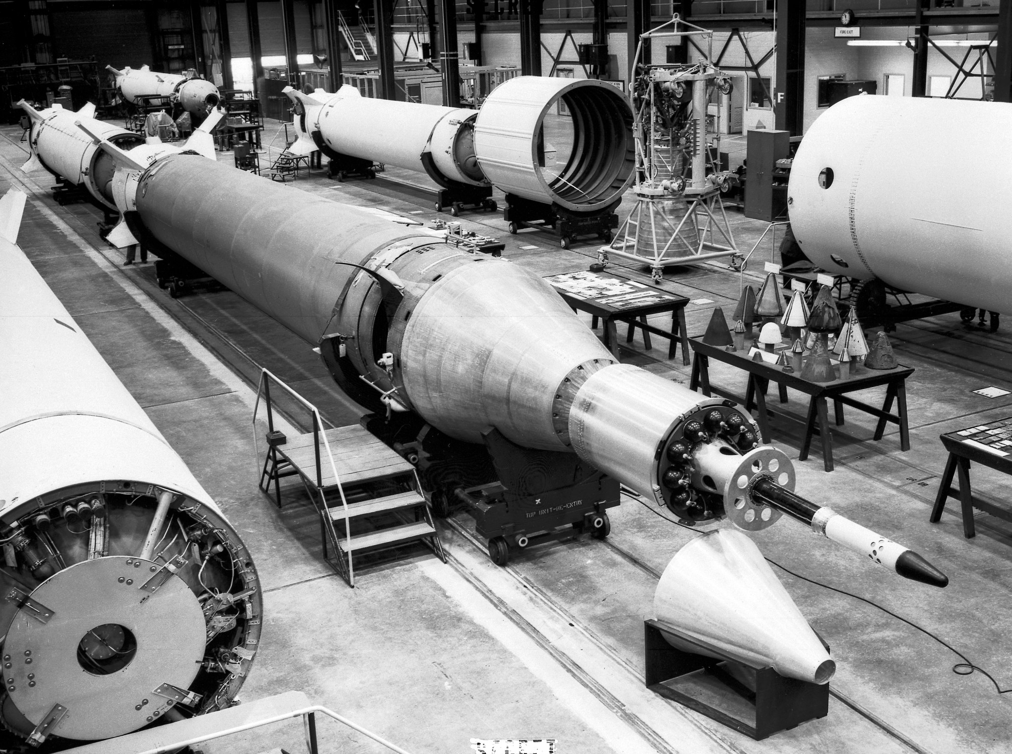 Jupiter-C Missile No. 27 assembly at the Army Ballistic Missile Agency (ABMA), Redstone Arsenal, in Huntsville, Alabama. 