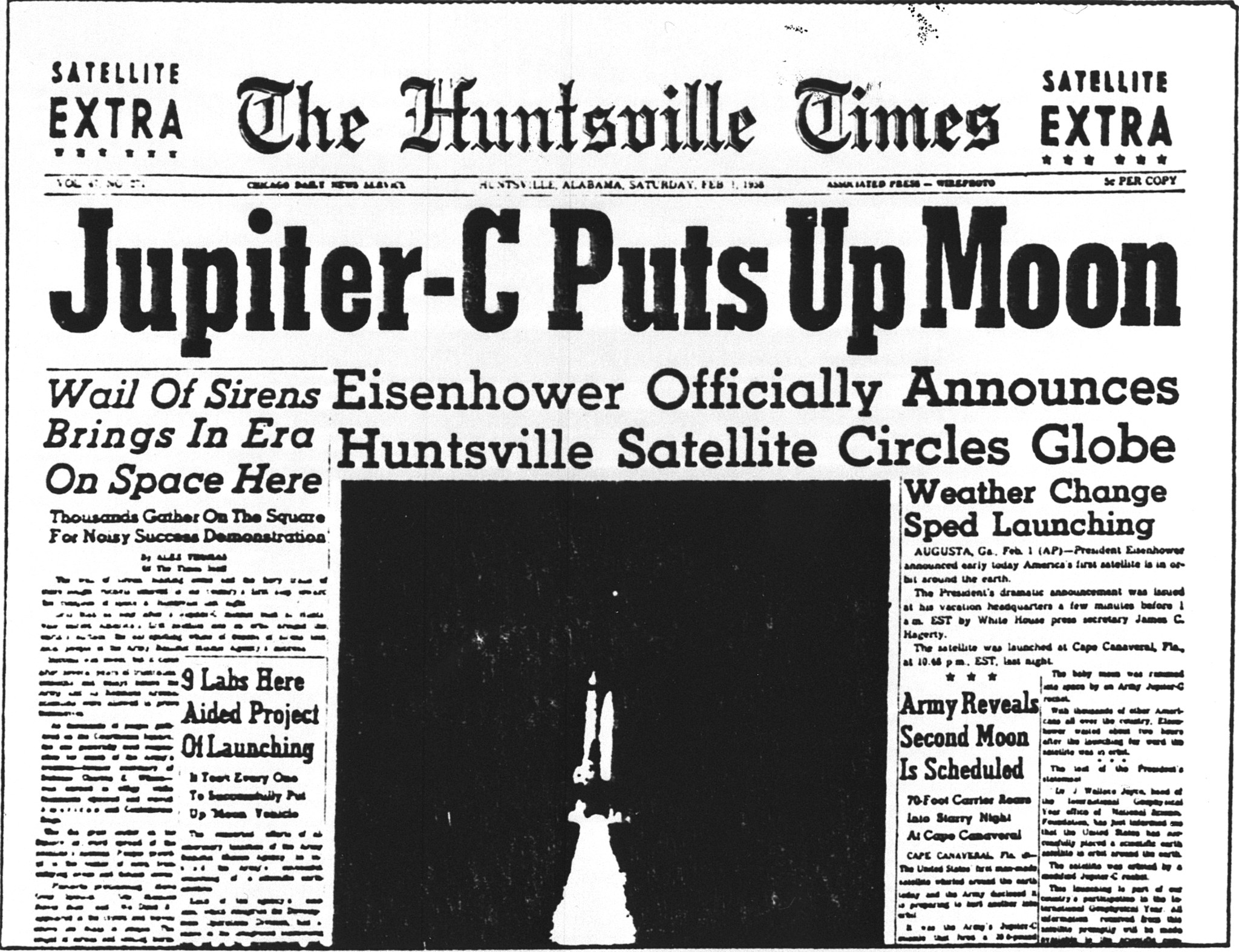 Front page of the February 1, 1958 issue of the Huntsville Times. 