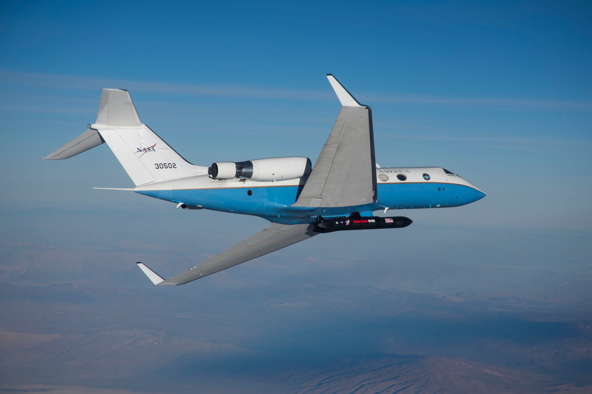 In the skies above NASA Armstrong in Southern California, Generation Orbit’s hypersonic pod is flight tested on agency C-20A.