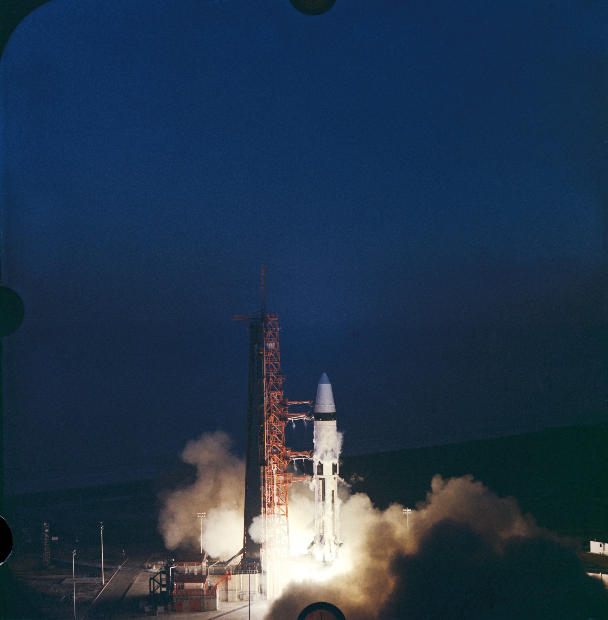 The pre-sunset lift-off of Apollo 5 on a Saturn 1B rocket from Pad 37B