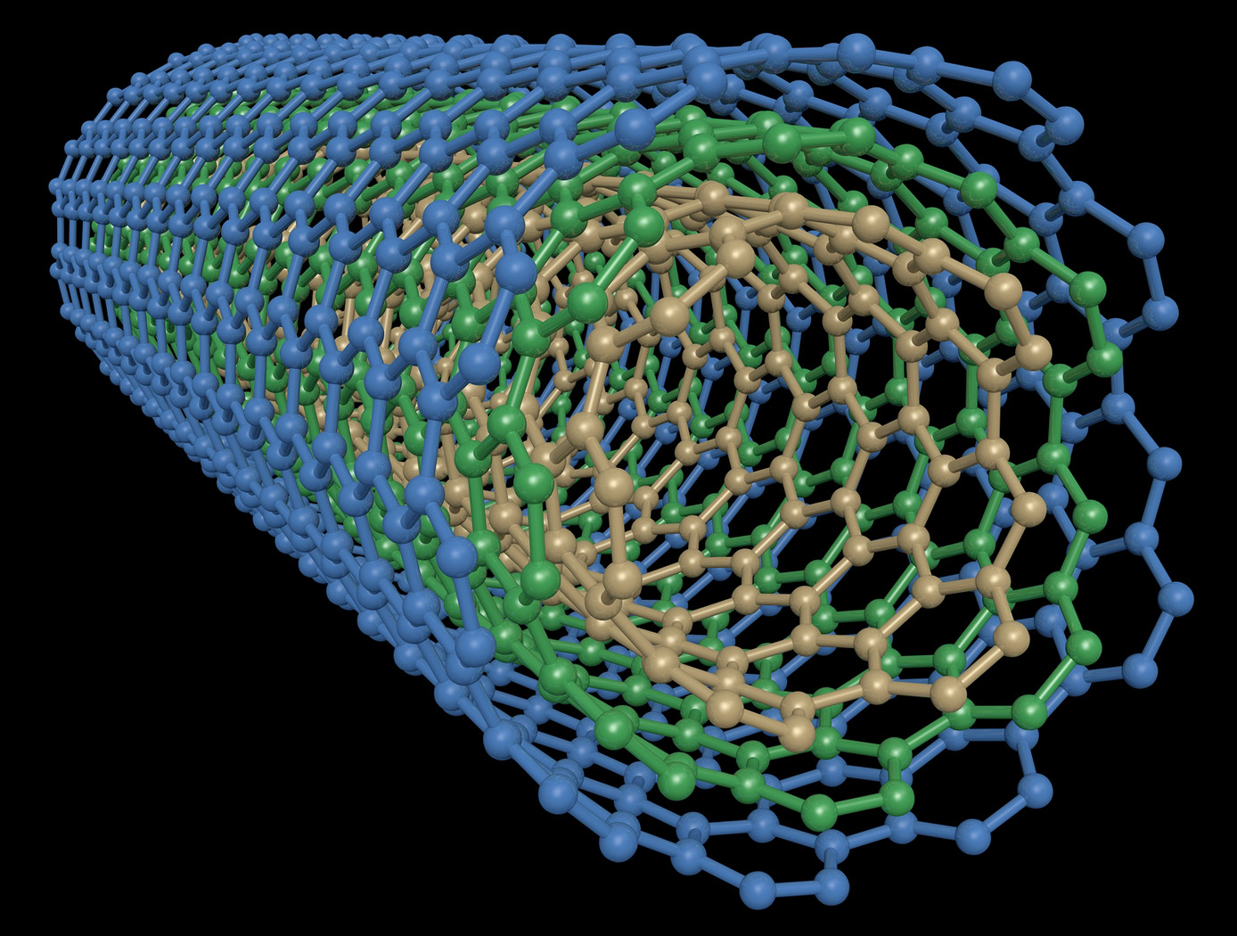 Computer diagram showing circular carbon nanotube structures in a cylinder shape nested inside one another. Tan in the middle, the green is next and finally the blue.