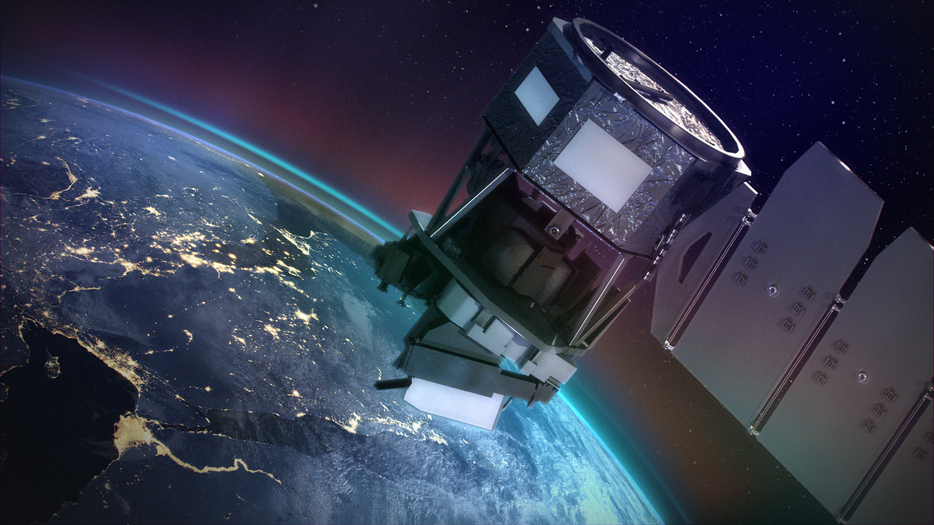An artist's rendering of the ICON spacecraft orbiting Earth. It is cylindrical with one solar panel extended out the back, off the edge of the image. Earth below appears in shades of turquoise and purple with beaches and cities appearing in shiny gold.