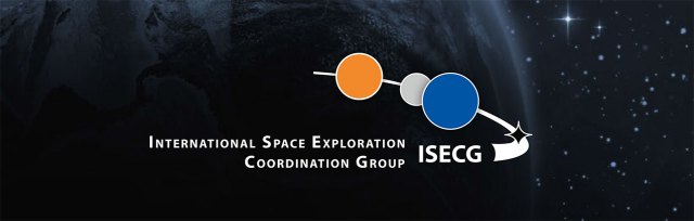Logo for the International Space Exploration Coordination Group, featuring blue, grey, and orange circles to represent Earth, Moon, and Mars. The background includes a star field and an indistinguishable planet.