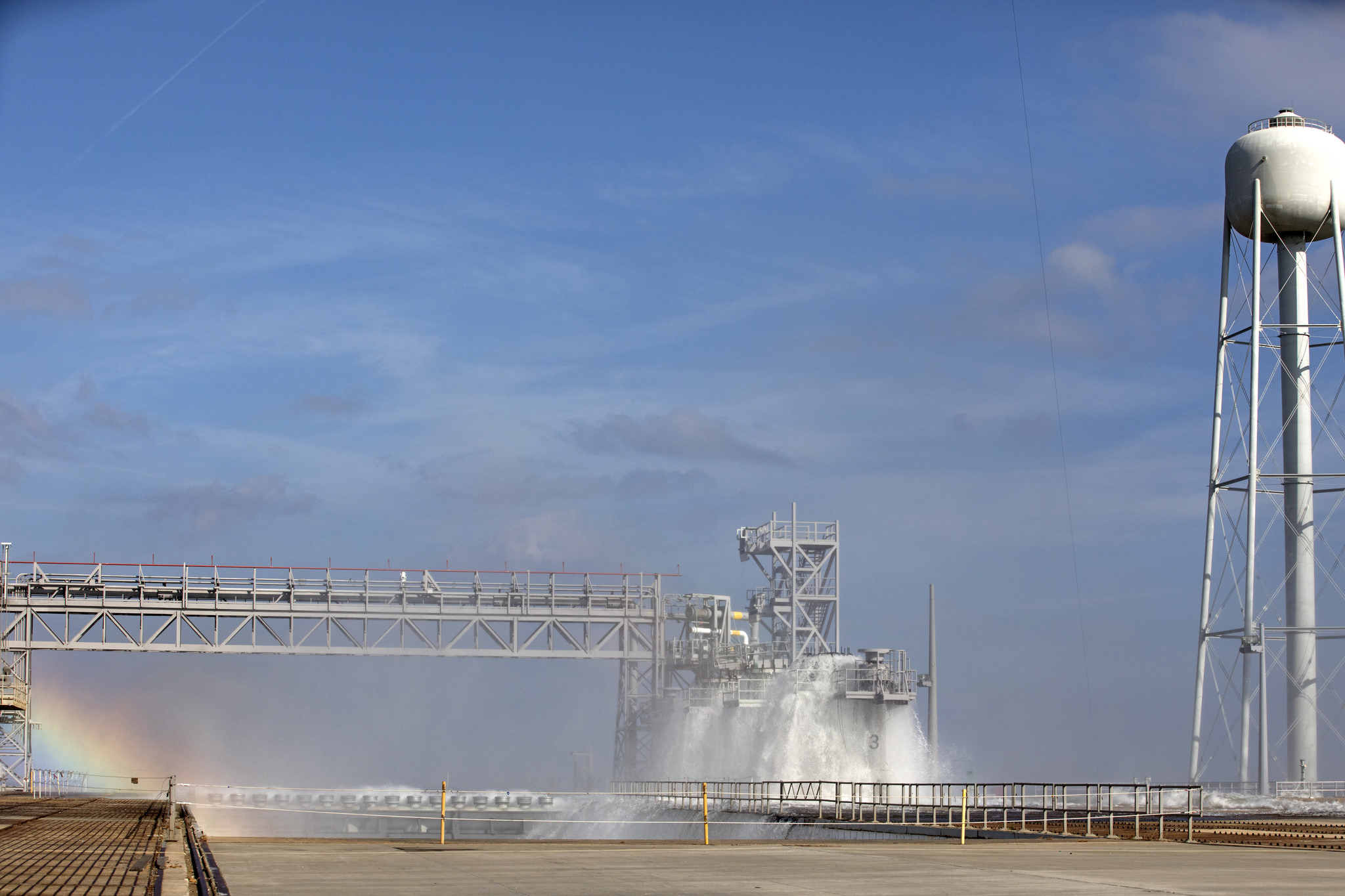 A water deluge test takes place at Launch Pad 39B at Kennedy Space Center.