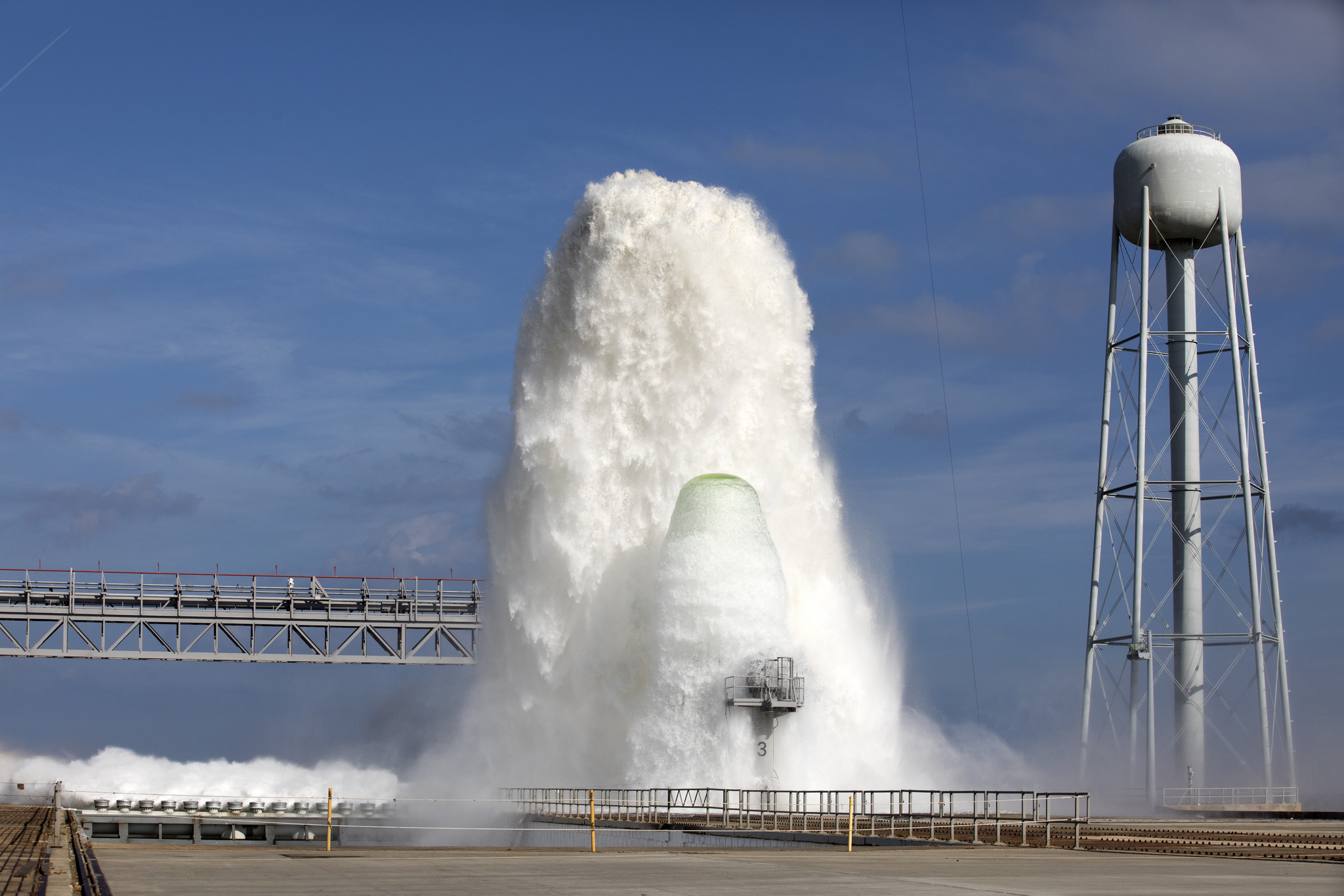 A water deluge test at Launch Pad 39B at Kennedy Space Center in Florida.