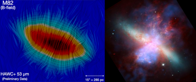 A view of the large-scale magnetic in the starburst galaxy M82 and multi-wavelength view of the galaxy.