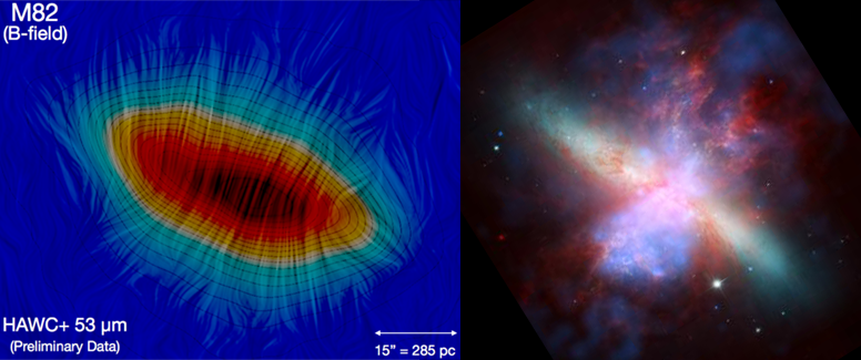A view of the large-scale magnetic in the starburst galaxy M82 and multi-wavelength view of the galaxy.