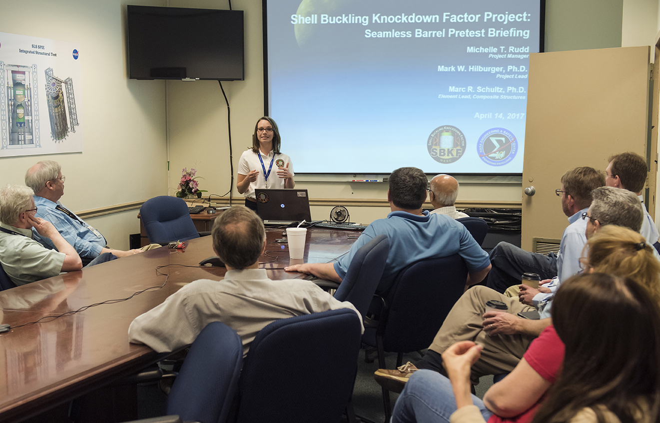 Michelle Rudd begins a pretest briefing for the NESC’s SKBF seamless barrel test.