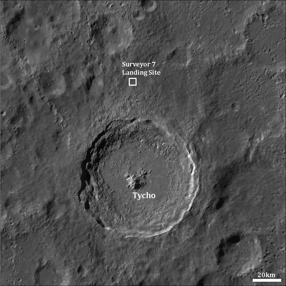 Surveyor 7 landing site near Tycho crater, as viewed by the Lunar Reconnaissance Orbiter.