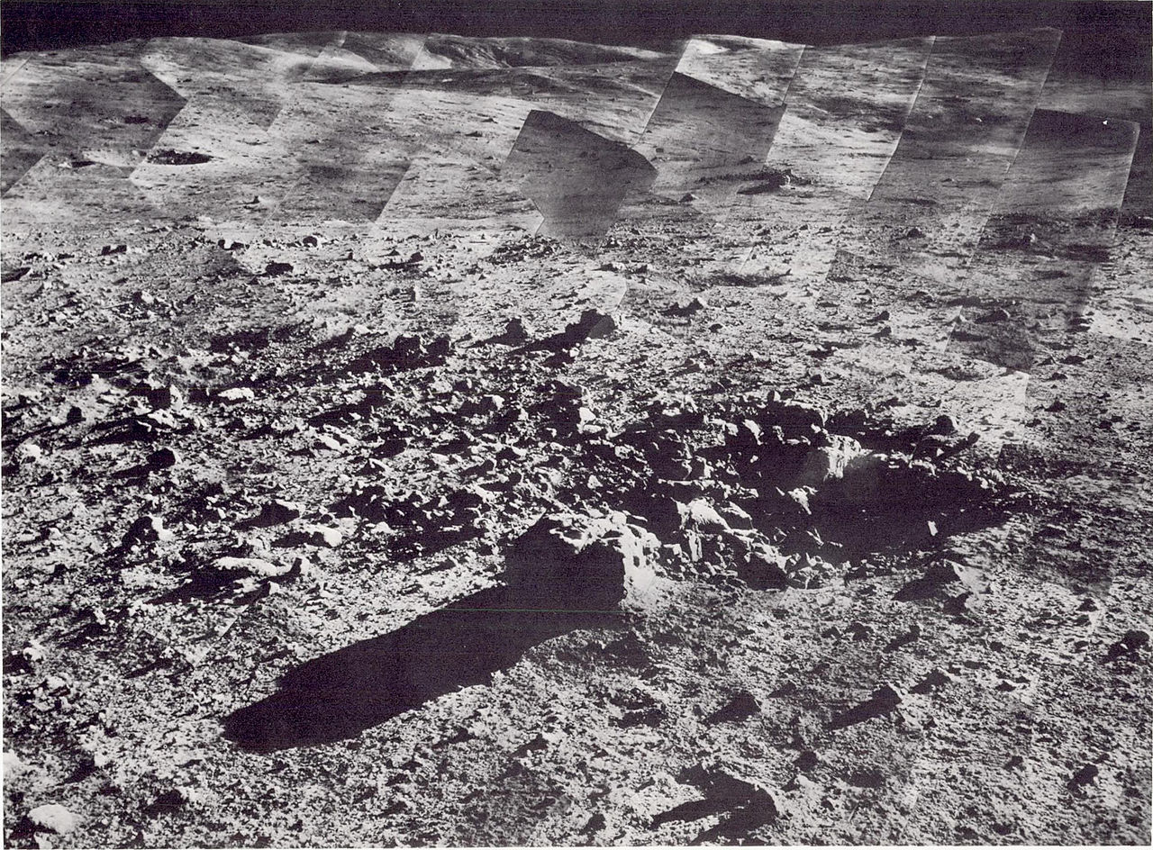 Composite of images taken by Surveyor 7 of its landing site near the rim of the crater Tycho.