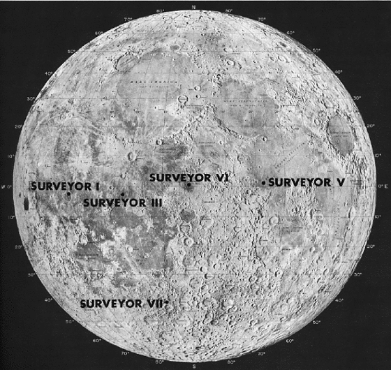 Map of the Moon showing the locations of the five successful Surveyor soft landings.