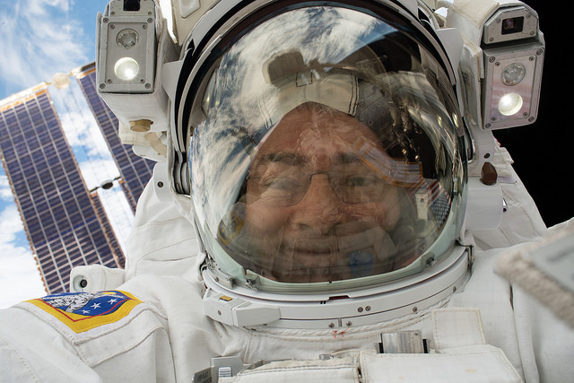 NASA astronaut Mark Vande Hei captured this selfie with his helmet visor up during a spacewalk on Jan. 23, 2018. 