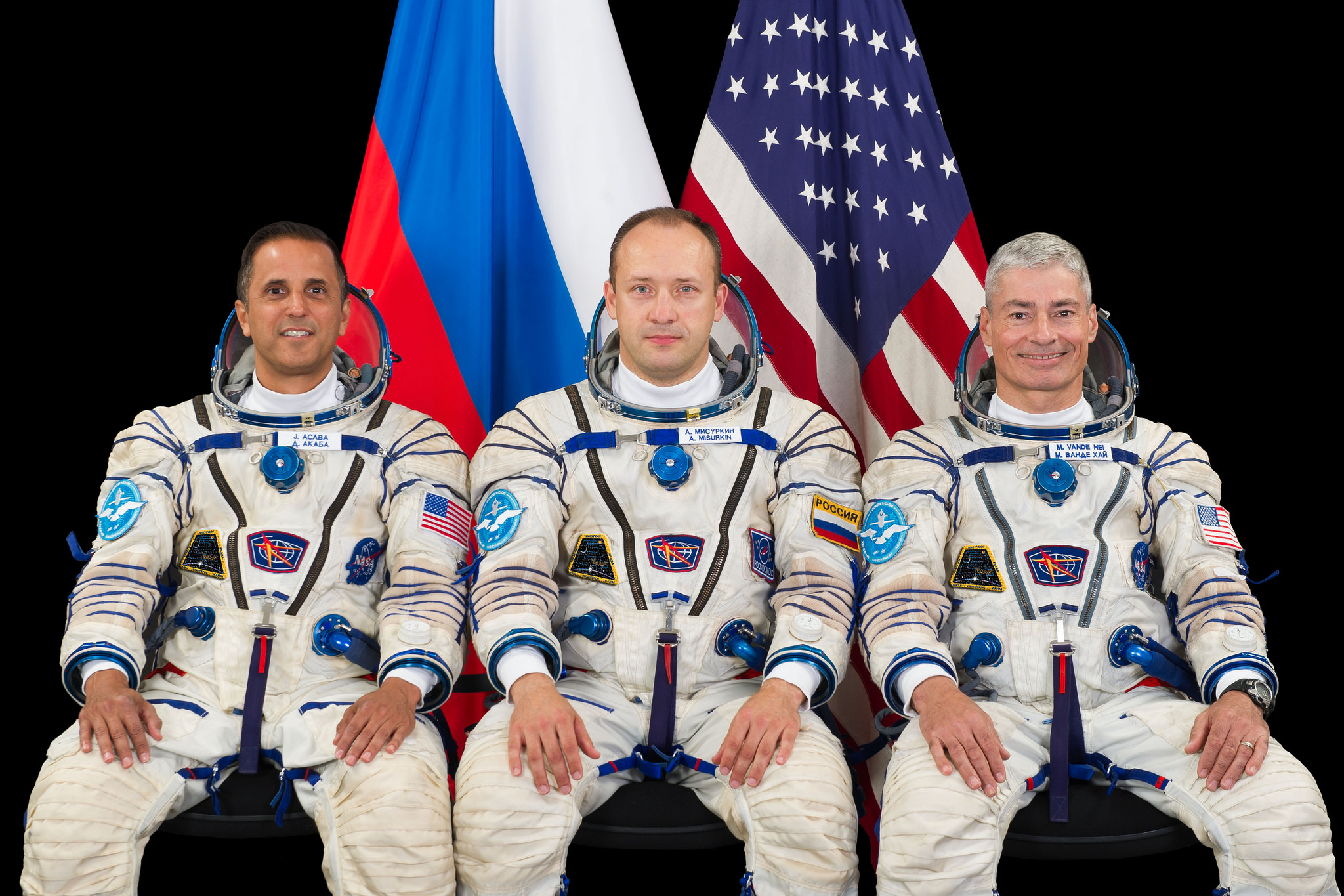 Expedition 53-54 crew members Joe Acaba of NASA, Alexander Misurkin of Roscosmos and Mark Vande Hei of NASA.