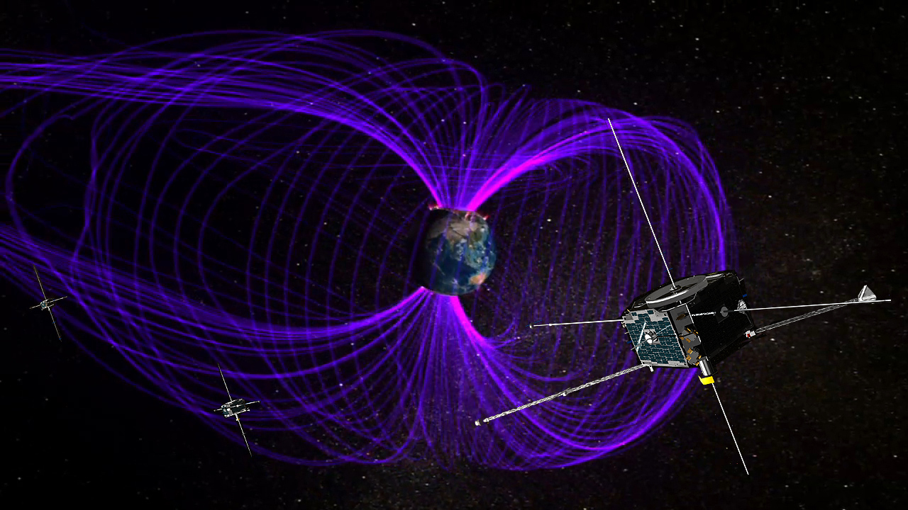 Illustraton of the THEMIS spacecraft in orbit in Earth's magnetic field.