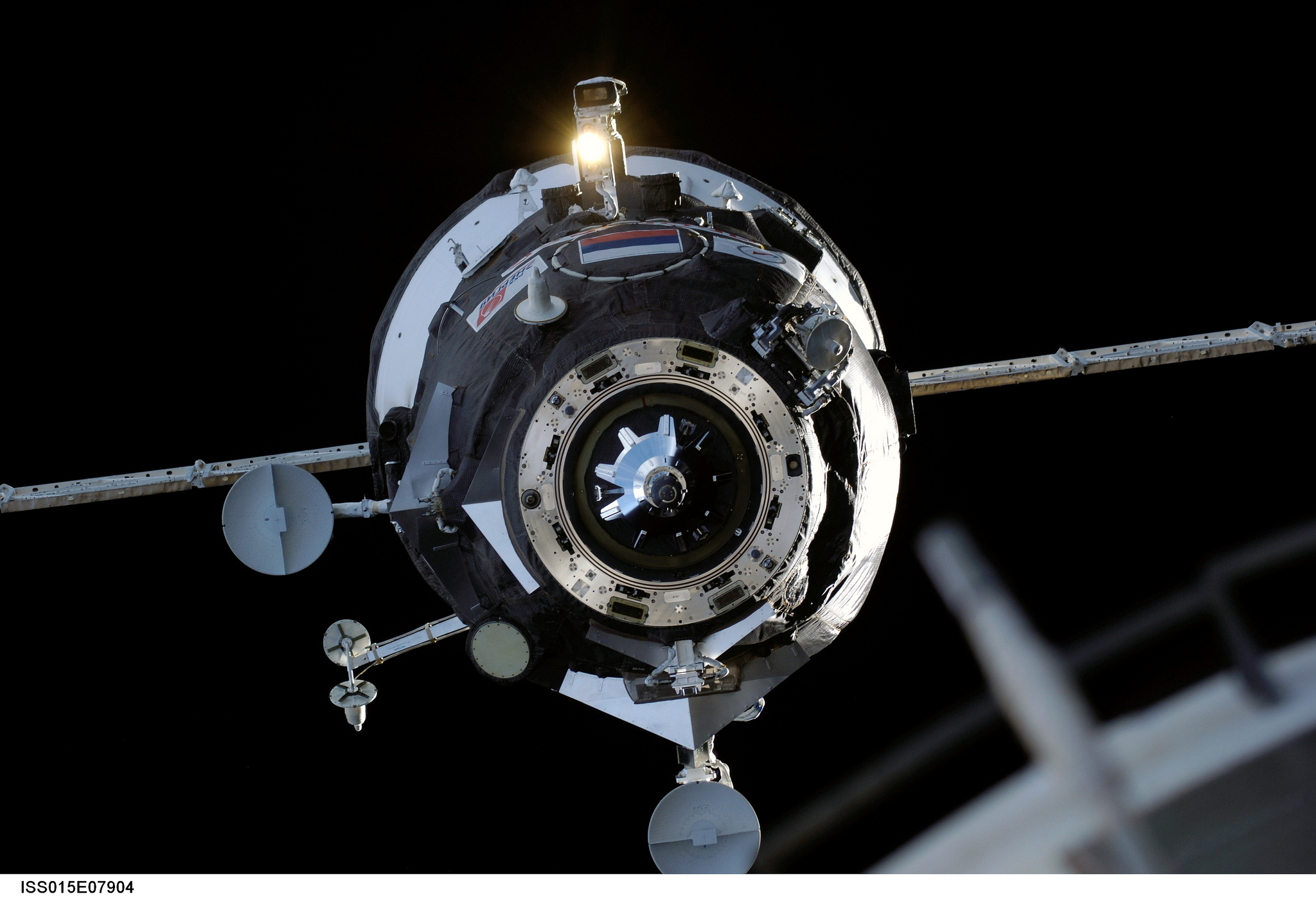 An uncrewed Russian Progress cargo resupply spacecraft approaches the International Space Station