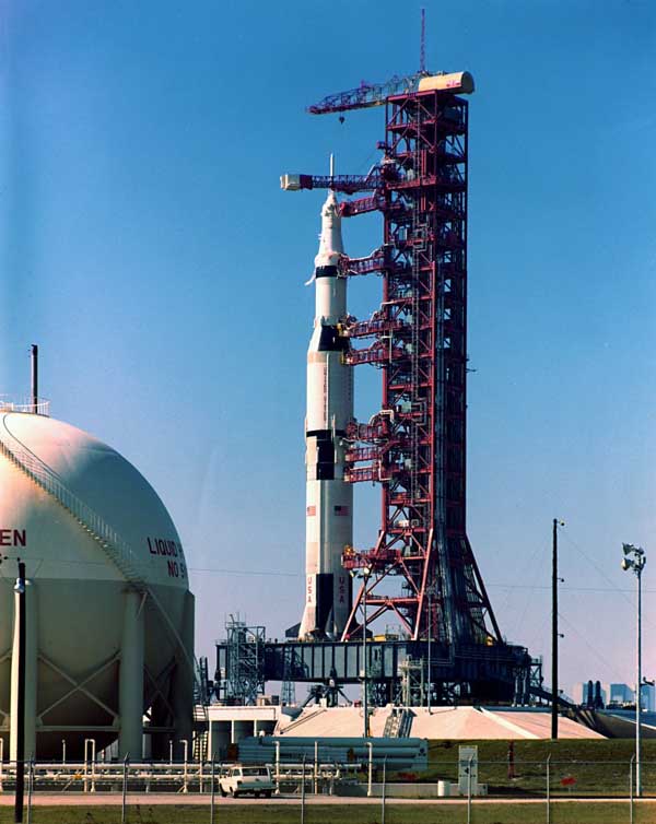 The Saturn 5 rocket on the pad at Launch Complex 39A at the Kennedy Space Center.