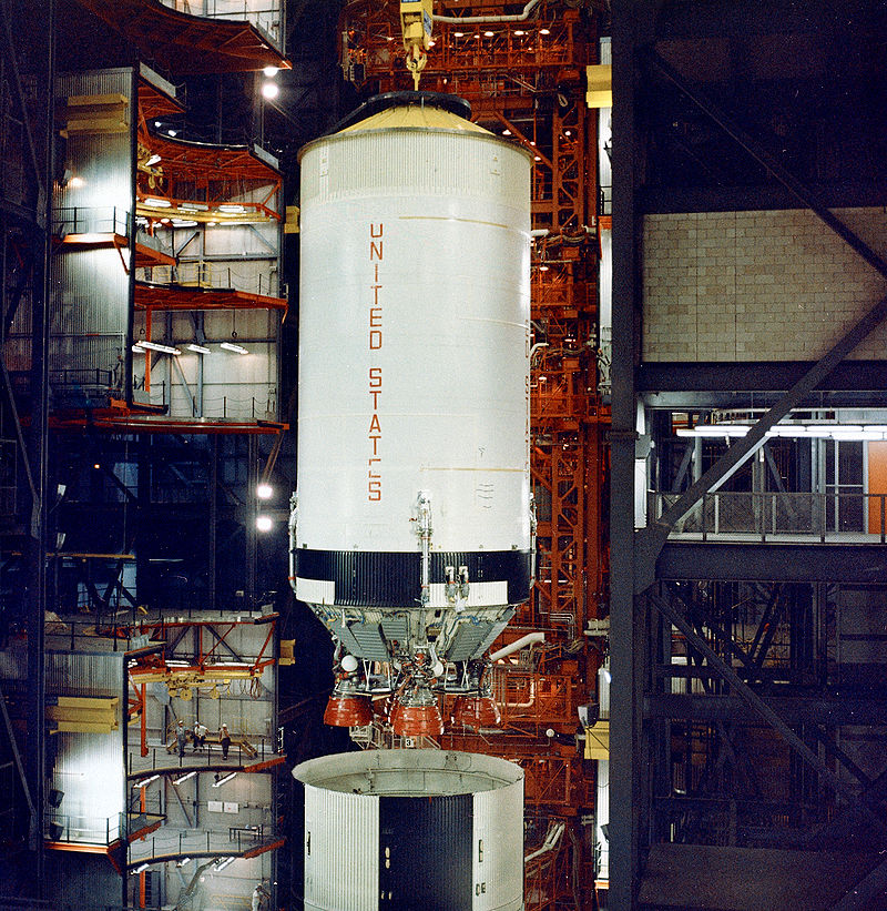 Second stage of the Saturn 5 being stacked onto the first stage.