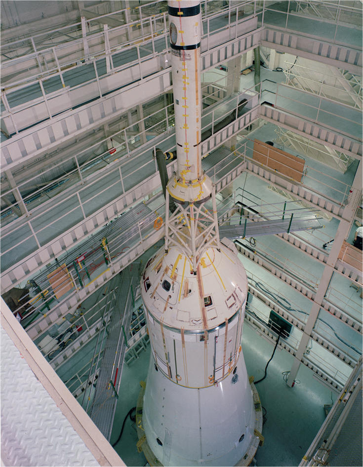 The Apollo spacecraft CSM-105 installed in the Vibration and Acoustic Test Facility