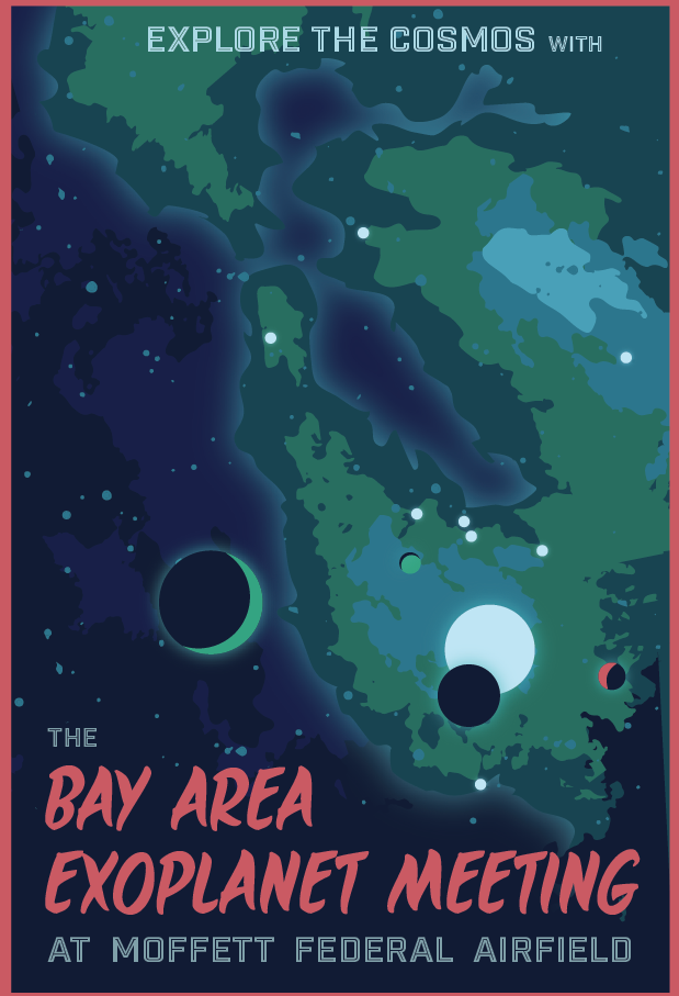 Image of a poster displaying Bay Area Exoplanet Meeting in red writing on the lower left, while the background is green and blue map of the earth