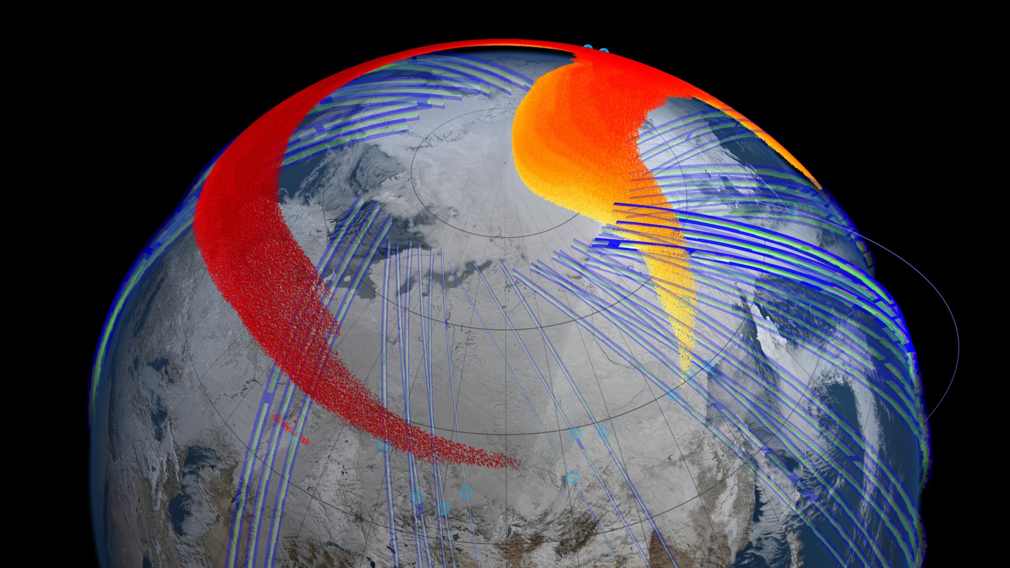 Model and satellite data show that four days after the bolide explosion, the faster, higher portion of the plume (red) had snaked its way entirely around the northern hemisphere and back to Chelyabinsk, Russia.